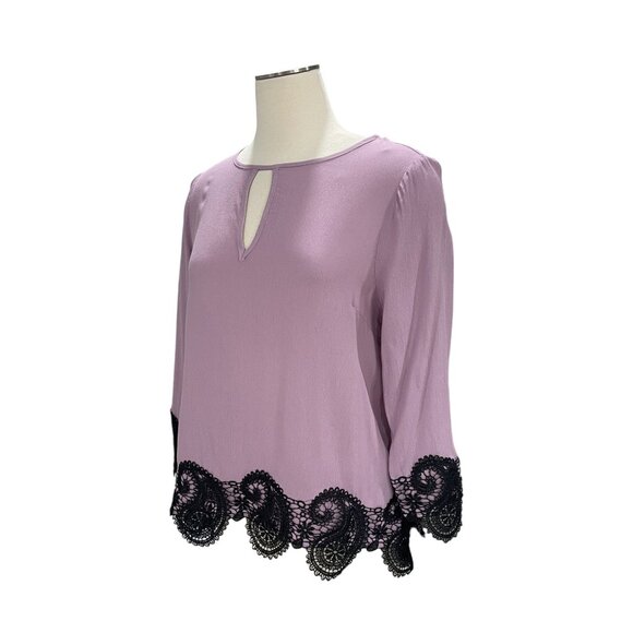 Haute Monde Lavender Blouse Medium Boho Lace Hem Long Sleeve Keyhole Top - Picture 7 of 9